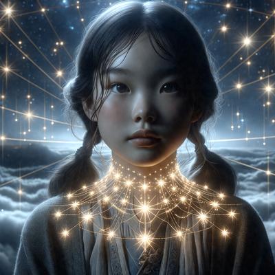 The primary subject of the image is a young girl with long hair, wearing a white dress. She is surrounded by a beautiful and colorful background, which includes a sky filled with stars. The visual style of the image is a combination of digital art and illustration, creating a vibrant and lively atmosphere. The colors and mood of the image are predominantly white and light, giving it a serene and peaceful feel.